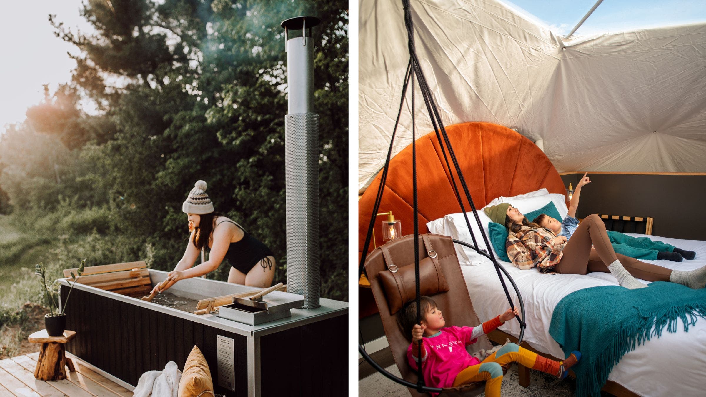 Left: A wood-burning hot tub is available at two of the domes; right: the domes offer massive skylights, perfect for watching the stars and the clouds