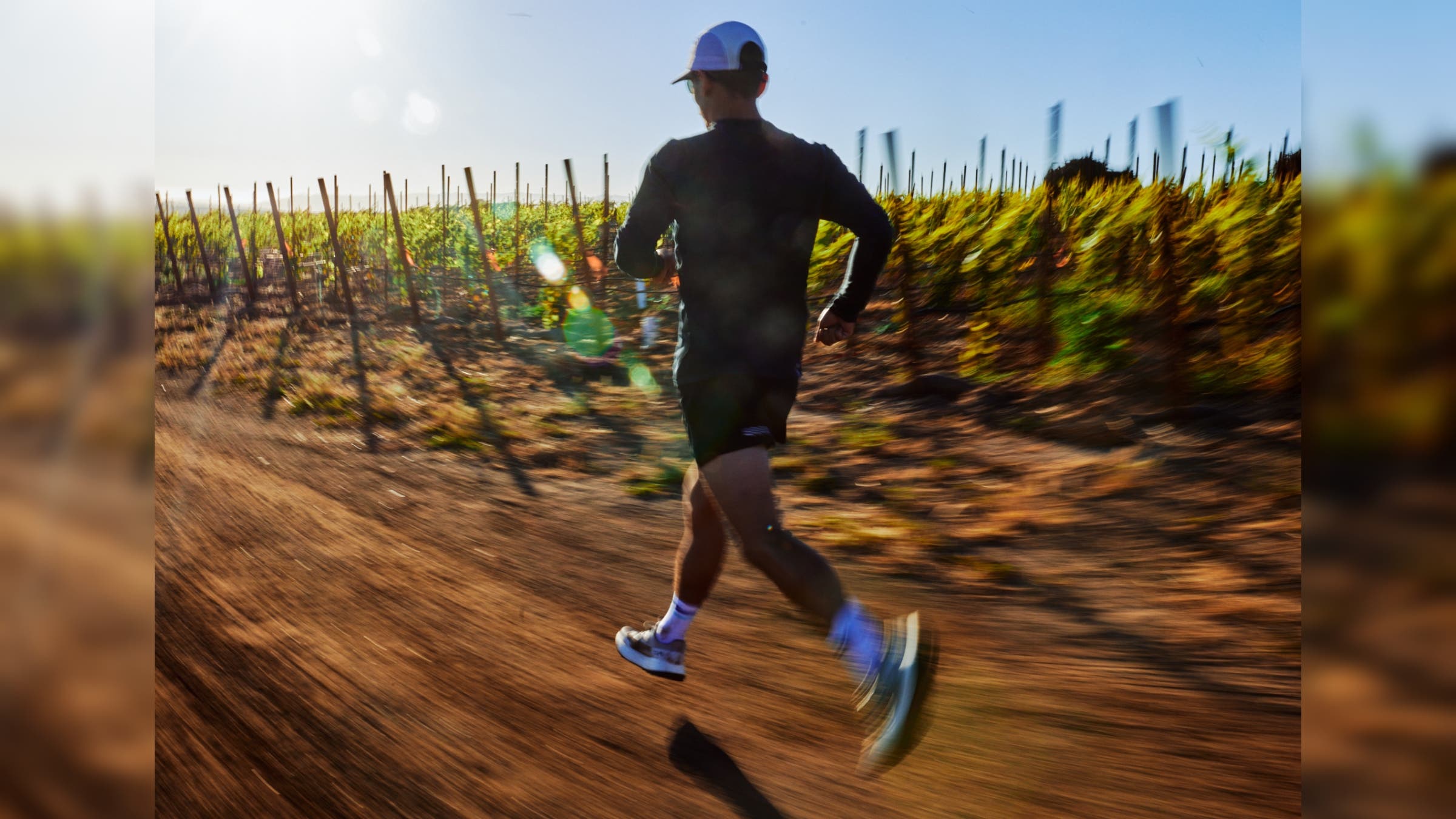 Blurred shot of a man running through a vineyard.