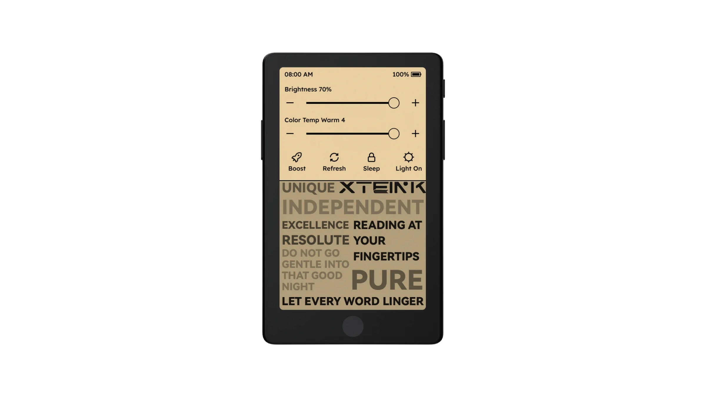 Studio product photo of the black Xteink X4 Pro Pocket eReader with its 4.3-inch warm-toned frontlit display powered on against a white background.