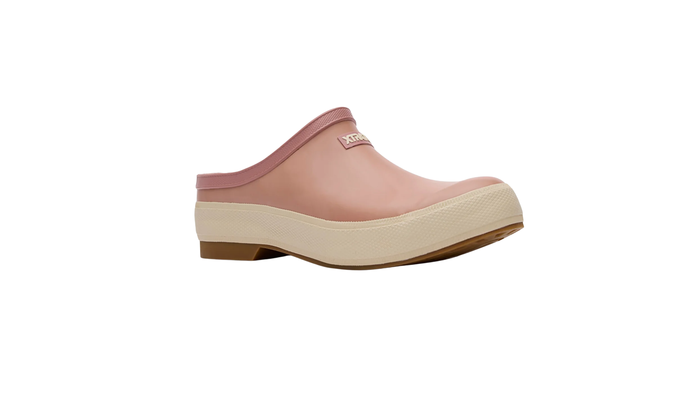 Studio product shot of the waterproof Xtratuf Women's Legacy Mule in dusty pink with a cream non-slip rubber sole.