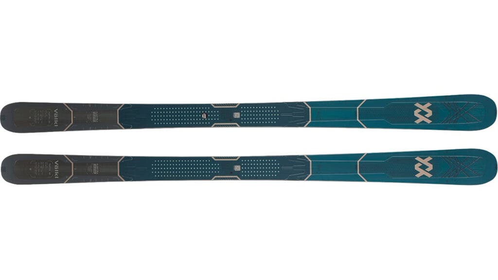 balck and teal Völkl Mantra 88 all-mountain ski on white background