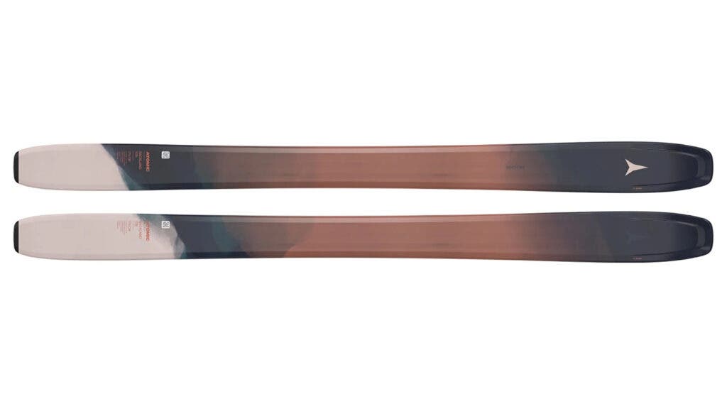 Tan, black and brown Atomic Backland 108 Women's skis on white background