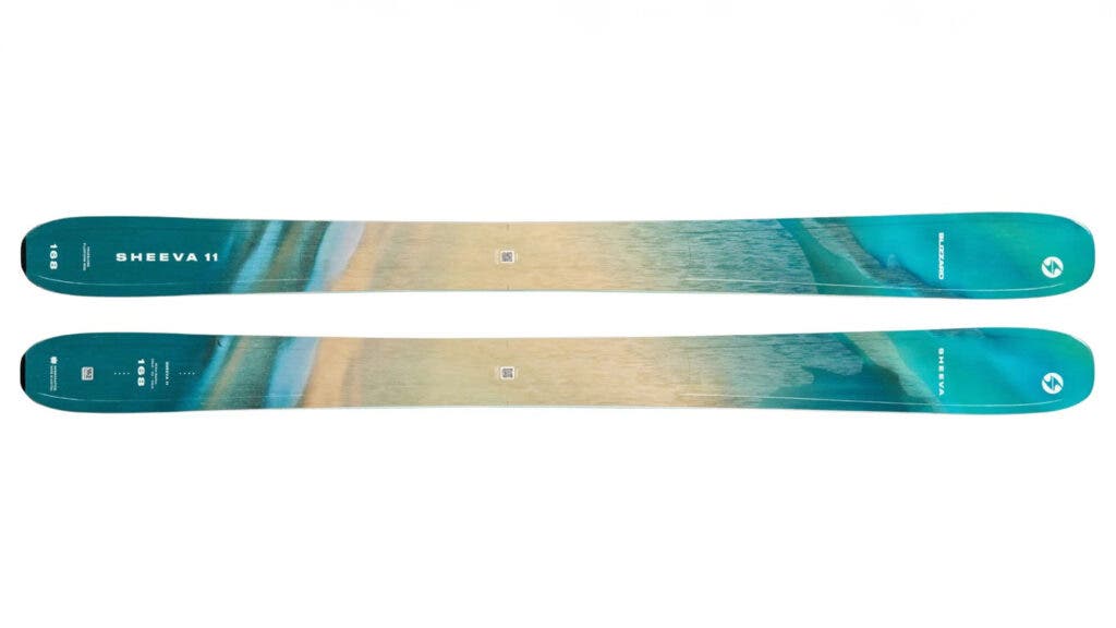 Blue and yellow Blizzard Sheeva 11 Women's skis on white background
