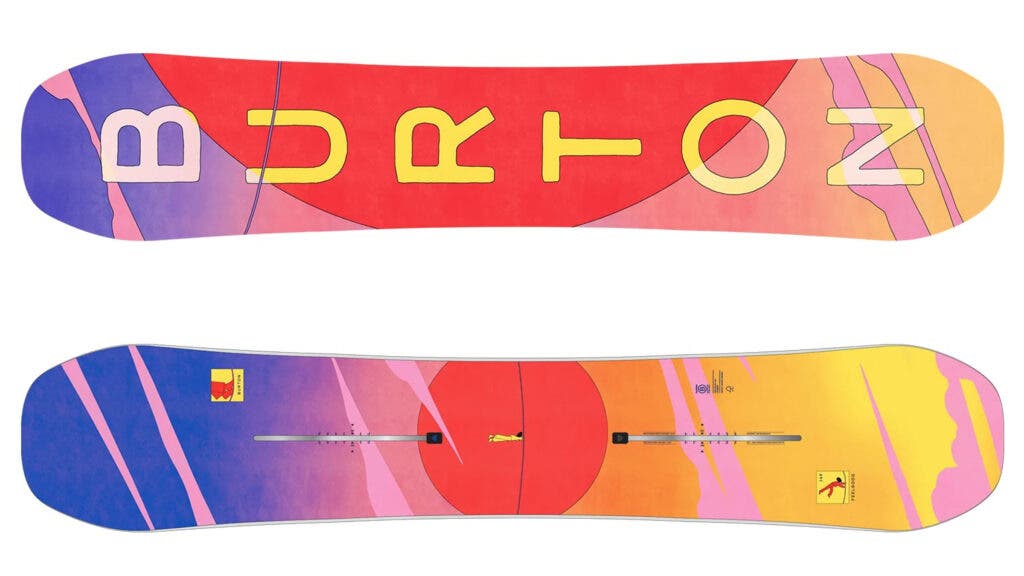 Sunset-colored top sheet with large Burton lettering and matching base of the Burton Feelgood Women's snowboard, our best all-mountain snowboard for intermediates