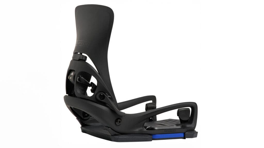 Black Burton Cartel X Step On snowboard binding with a blue accent on the baseplate