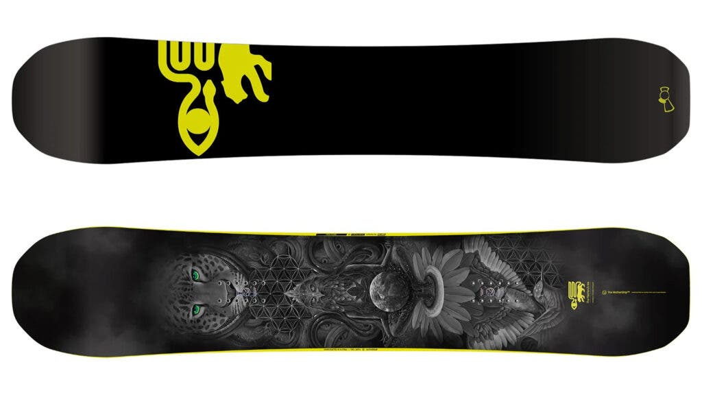 Black top sheet with a yellow logo graphic and a gray illustrated base design on the CAPiTA Matriarch snowboard