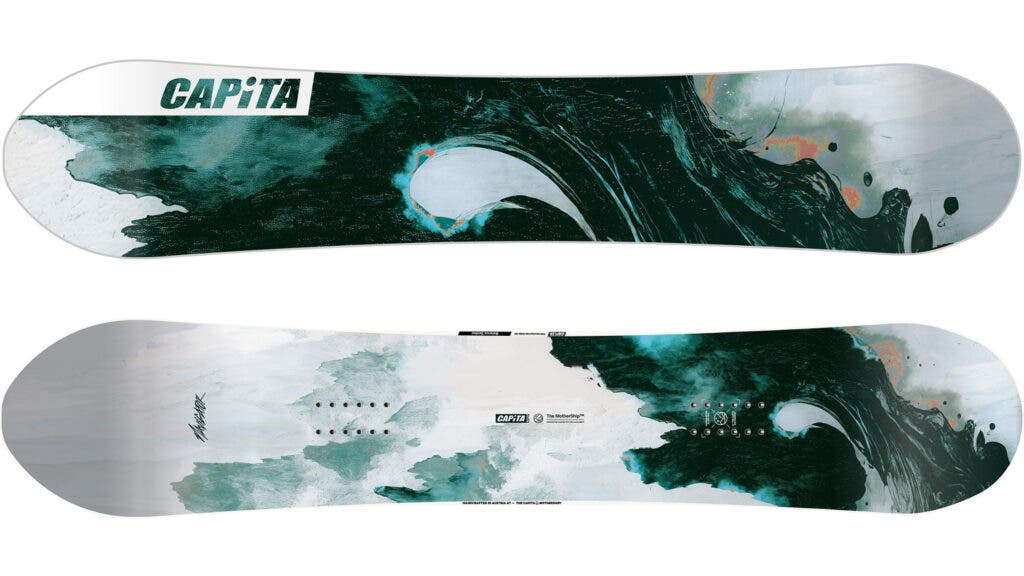 Teal and white wave-graphic top sheet and base of the CAPiTA Navigator Women's snowboard, our best snowboard for women riding powder