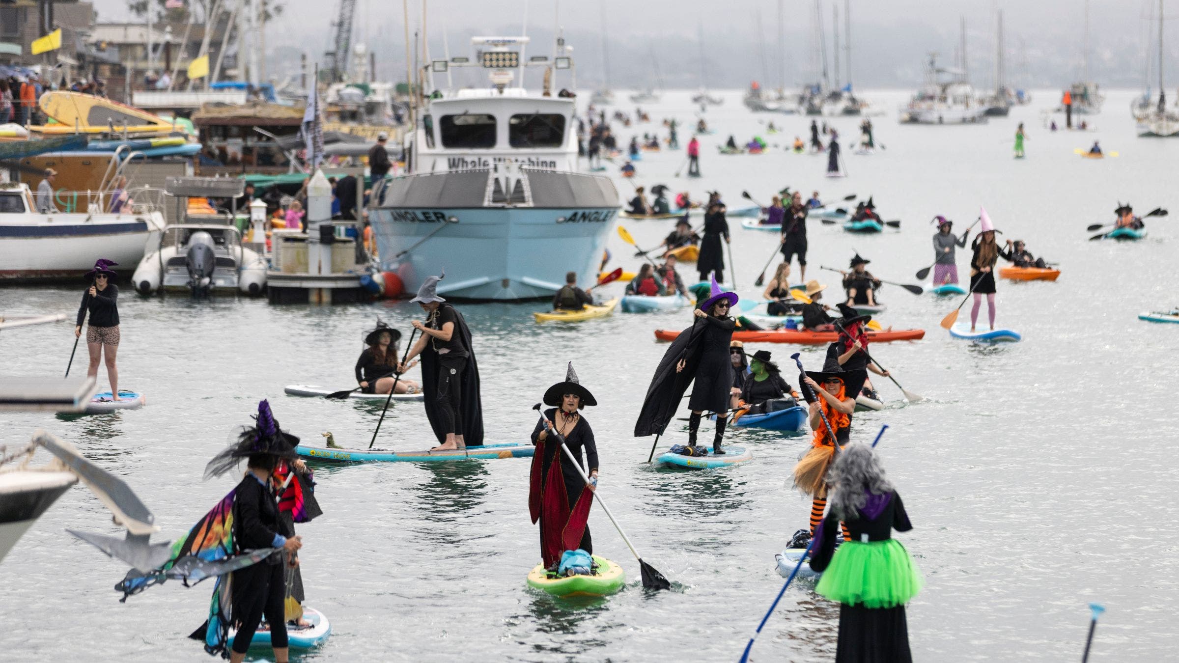 Witches and Warlocks Paddle in Morro Bay, California.
