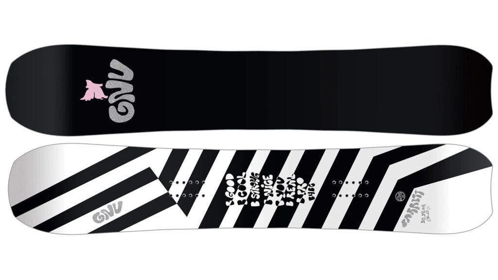 Black top sheet with a pink Gnu logo and black-and-white striped base of the Gnu Barrett snowboard, the best snowboard for advanced all-mountain riders