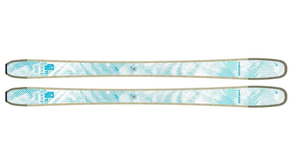 Light blue and white Head Kore 93 Ti Women's skis on white background