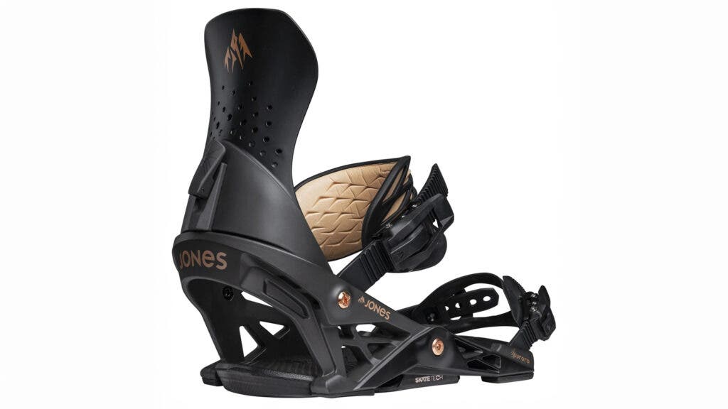 Black Jones Aurora women's snowboard binding with copper accents and a tan footbed