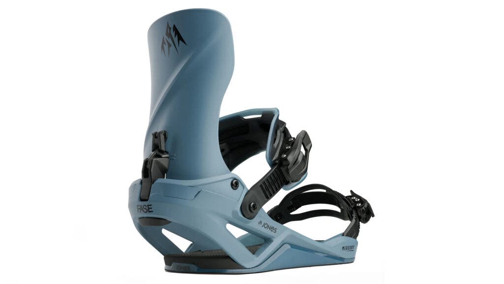 Slate-blue Jones Mercury FASE fast-entry snowboard binding with black straps
