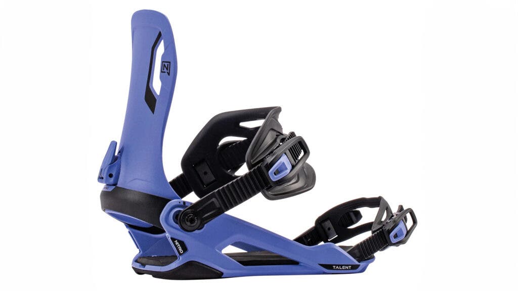 Periwinkle-blue Nitro Talent snowboard binding with black straps, our best budget pick