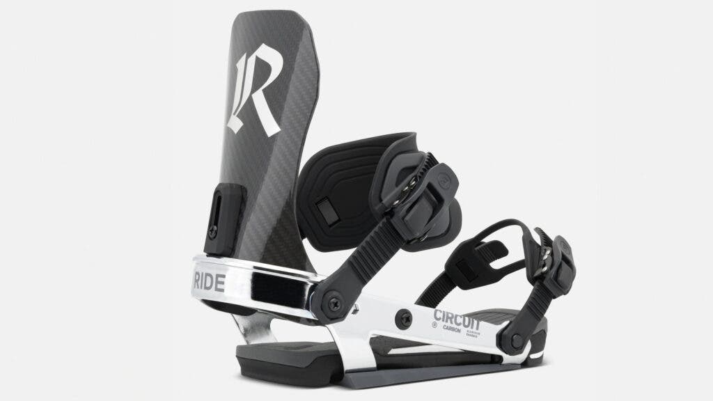 Ride Circuit Carbon snowboard binding with a carbon-weave highback, white Ride logo, and black straps
