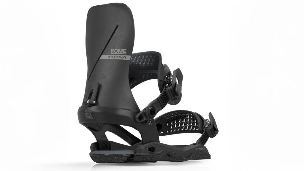 Black Rome Katana AW snowboard binding with a gray Rome Katana label on the highback