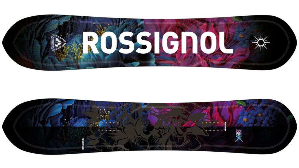 Dark floral top sheet with a white Rossignol logo and matching base of the Rossignol After Hours Women's snowboard, our pick for the best freeride snowboard for women