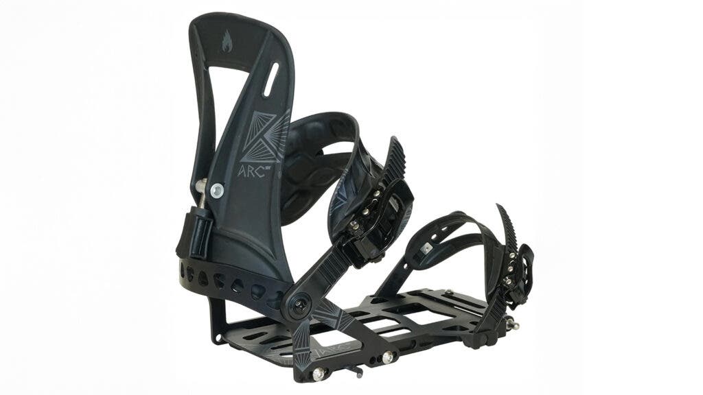 Dark gray Spark R&D Arc ST splitboard binding with an Arc logo on the highback