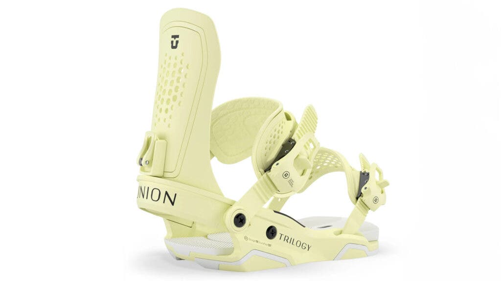 Pale yellow Union Trilogy women's snowboard binding with perforated highback