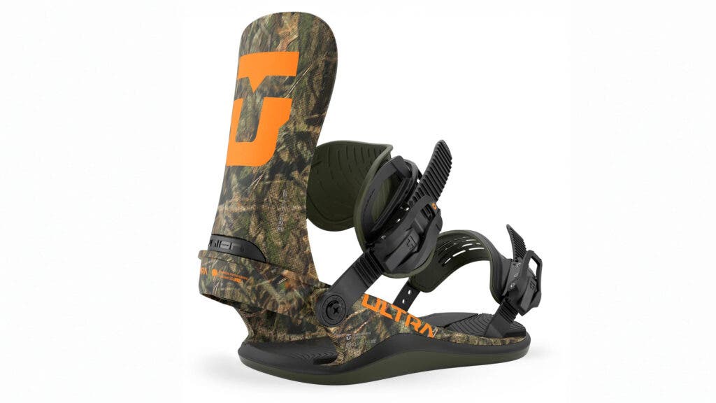 Camo-print Union Ultra snowboard binding with an orange Union logo on the highback