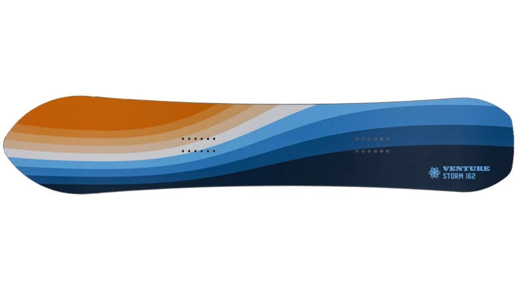 Venture Storm snowboard with a flowing orange-to-navy striped graphic, the best snowboard for powder days