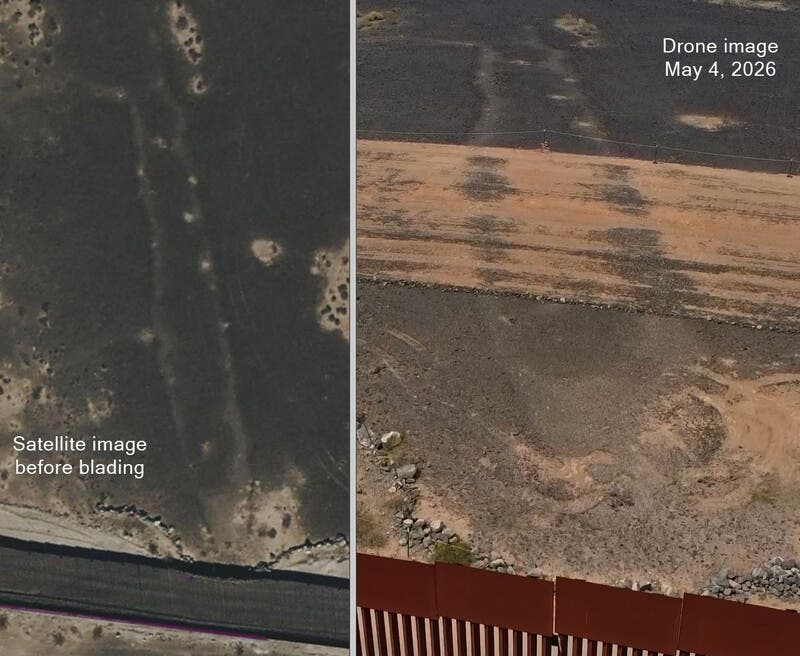 Before and after aerial photos show the intalgio complete and later with a 50-foot swath through it