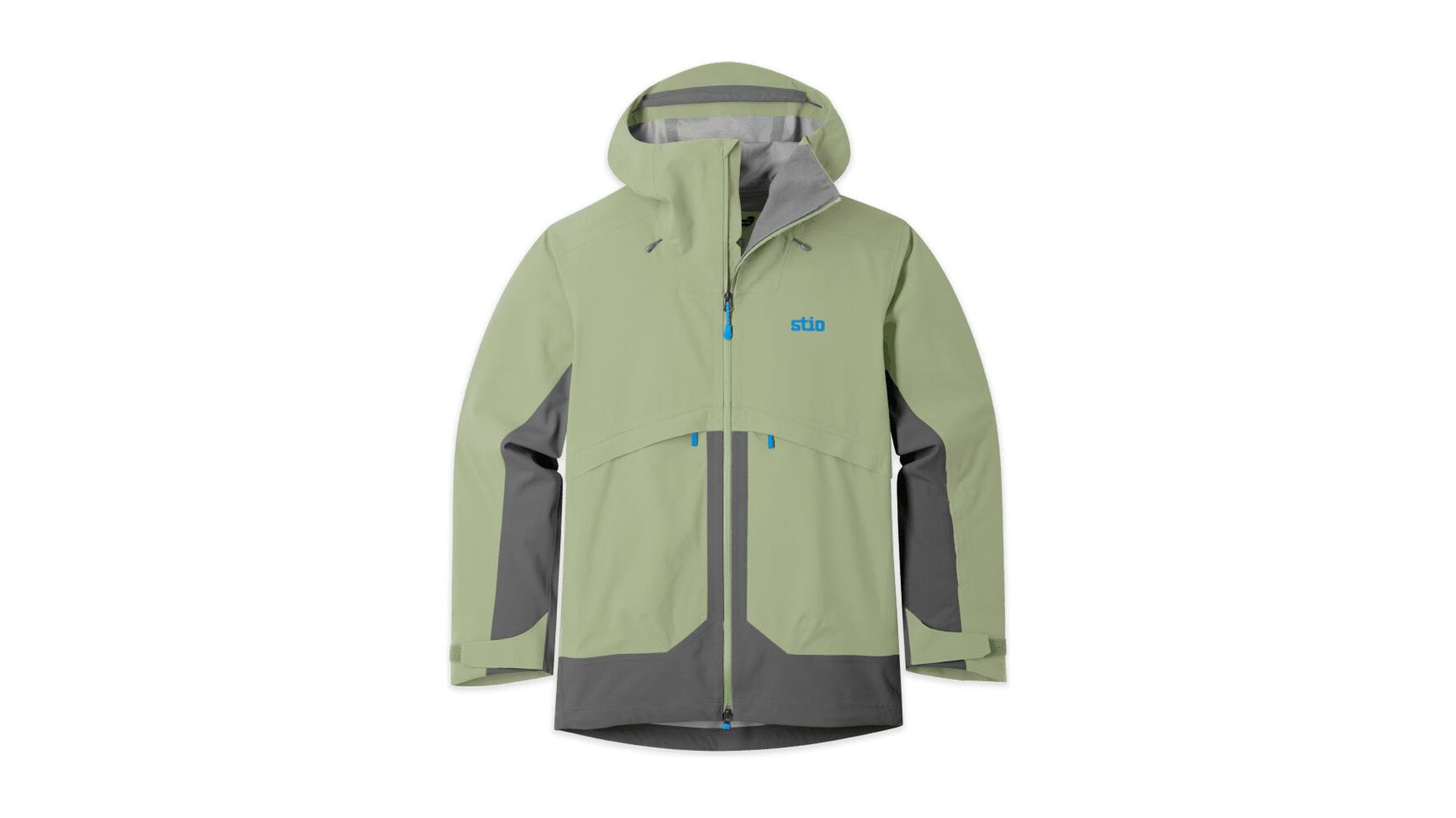 Sage green and gray Stio Skyrider ski jacket with a helmet-compatible hood and zippered chest pockets