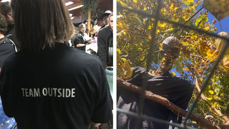 right: wearing "team outside" T-shirt; left: skeleton in leaves
