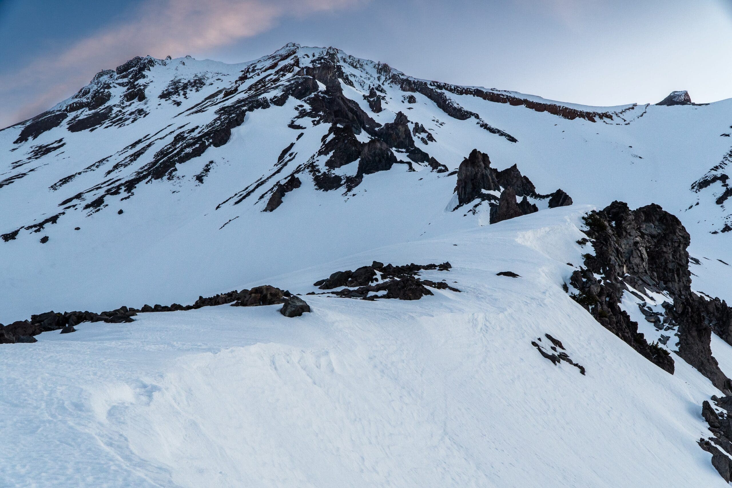 View from Avalanche Gulch shows a snow covered mount shasta peak