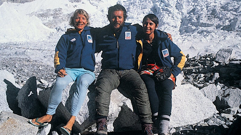 Stacy Allison (left), Geoff Tabin, and friend after summiting in 1988.