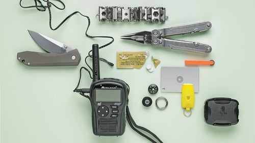 Leatherman Tread SOG Powerlock Traveler SOL Pocket Survival Pak Plus Spot Trace Midland HH54VP Portable Weather and Benchmade 761 Framelock.