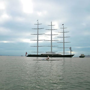 Rowing the bay near the Maltese Falcon mega-yacht