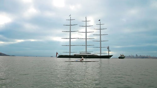 Rowing the bay near the ­Maltese Falcon ­mega-yacht