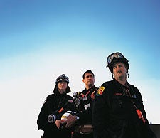 Left to right: physican Bill Trolan, caver Carl Levon Kustin, and wildland firefighter Bob Tooker after an exhausting shift