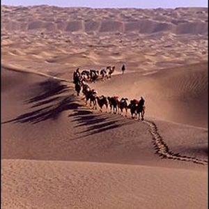 A line in the sand: Mike Libecki and the expedition team trek towards a distant sand ridge.