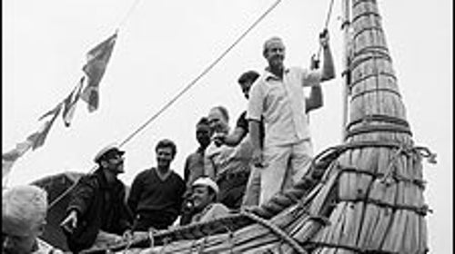 Heyerdahl in 1969, at the launch of his papyrus-reed raft RA in Morocco