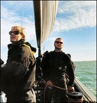 Eternal vigilance: Team Victory Challenge electronics specialist Peter Tans (left) and grinder Kasper Vang keep watch on a practice run.