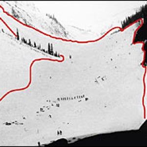 Two hours after the February 1 avalanche (red outline), a probe line of rescuers (center) looks for survivors