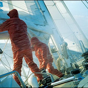 Blown away: The crew of Skip Novak's Alaska Eagle puts another reef in the mainsail while racing in the Southern Ocean near Cape Horn.