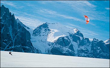 Flying high: Andrew McLean blasts across Sam Ford Fjord, Baffin Island, Canada.