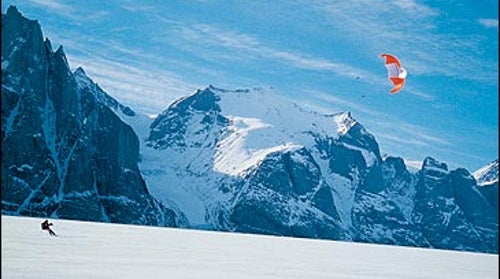 Flying high: Andrew McLean blasts across Sam Ford Fjord, Baffin Island, Canada.