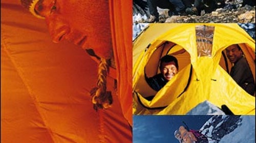 Keeping the flame burning; clockwise from above, Koch lighting incense at the Team's base camp shrine: Koch, Henderson, and Chin at camp; Lakpa and Kami staying warm; Koch begins the North Face descent.
