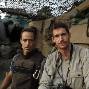 Restrepo filmmakers Sebastian Junger  and Tim Hetherington at Outpost Restrepo. Korengal Valley, Afghanistan, Kunar Province. 2007.