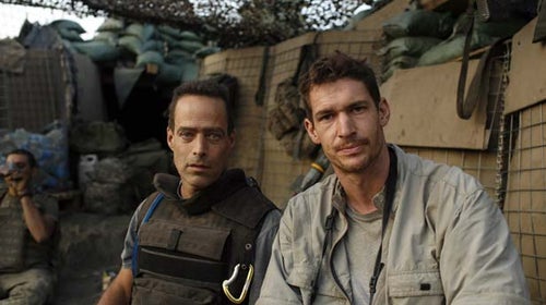 Restrepo filmmakers Sebastian Junger  and Tim Hetherington at Outpost Restrepo. Korengal Valley, Afghanistan, Kunar Province. 2007.