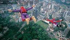 Might as well jump: Californian BASE jumpers Brian Chopin and Henry Boger step off the Menara Kuala Lumpur tower, February 2001.