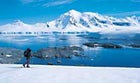 Cold, but windy: gliding above Port Lockroy, Antarctica.