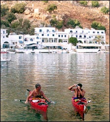 Northwest Passage guides Rick Sweitzer and Mike Agostinelli take a breather in Loutro's port.