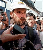 Jon Krakauer speaking to reporters in Kathmandu, Nepal, May 16, 1996.