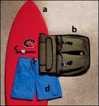 Wave Riding Vehicles Original Fish Surf Board, Chrome's Ivan Bag, Timex's Expedition E-Tide and Temp Watch, and Patagonia's Minimalist Board Shorts