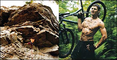 Escaping the frantic mid-Atlantic: climbing a 5.13a/b near Summersville Lake (left); Filthy fat-tire fun near Davis (right)