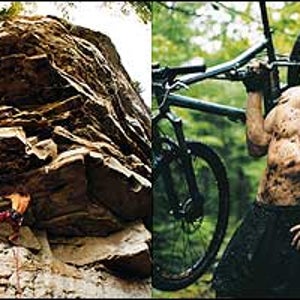 Escaping the frantic mid-Atlantic: climbing a 5.13a/b near Summersville Lake (left); Filthy fat-tire fun near Davis (right)
